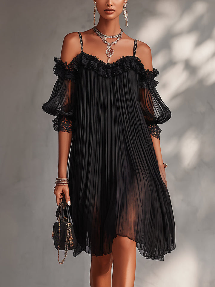 Eleanor™ |  Black mini dress in muslin with off-shoulder design and lace edges