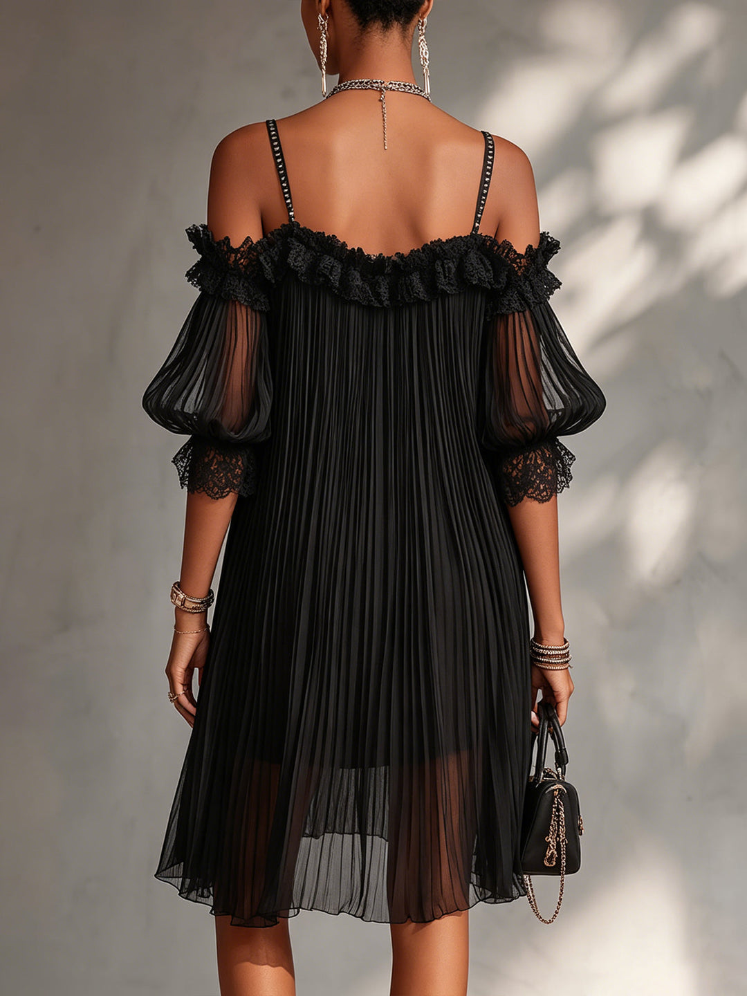 Eleanor™ |  Black mini dress in muslin with off-shoulder design and lace edges