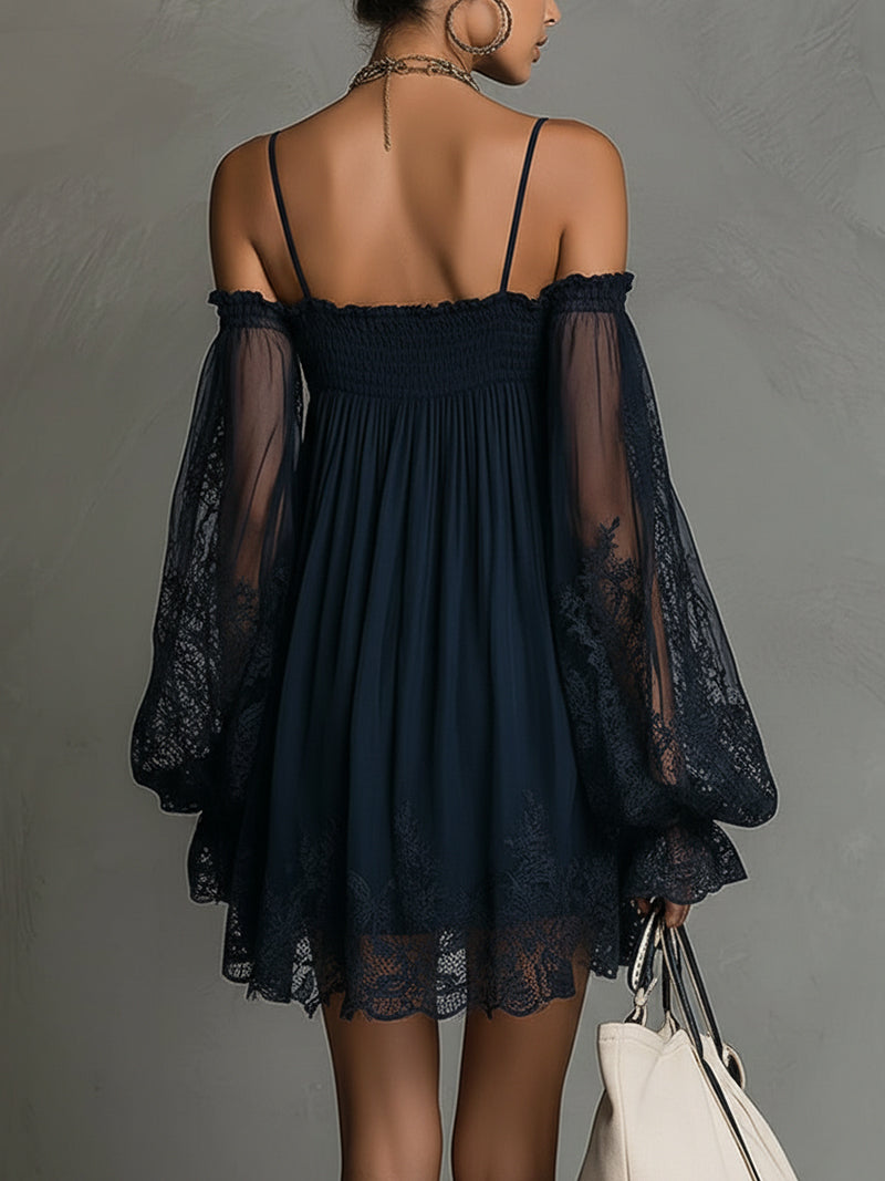 Susan™ | Navy Lace Chiffon Mini Dress