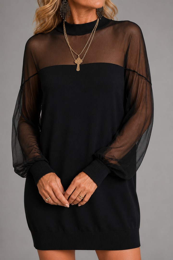 Joan™ |  Black Mesh-Sleeve Mini Dress