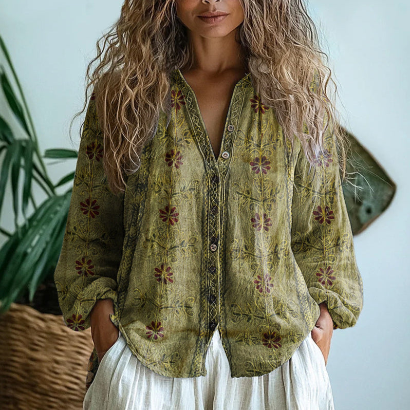 Sharon™ | Vintage Leaf Print Blouse