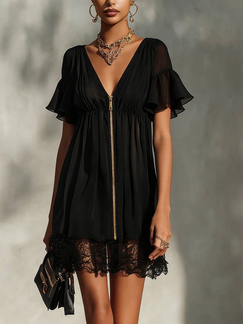 Linda™ | Zip-Front Lace Mini Dress