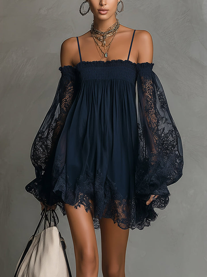 Susan™ | Navy Lace Chiffon Mini Dress