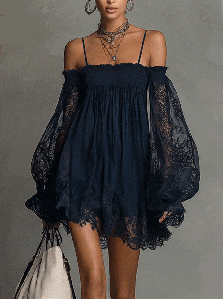 Susan™ | Navy Lace Chiffon Mini Dress