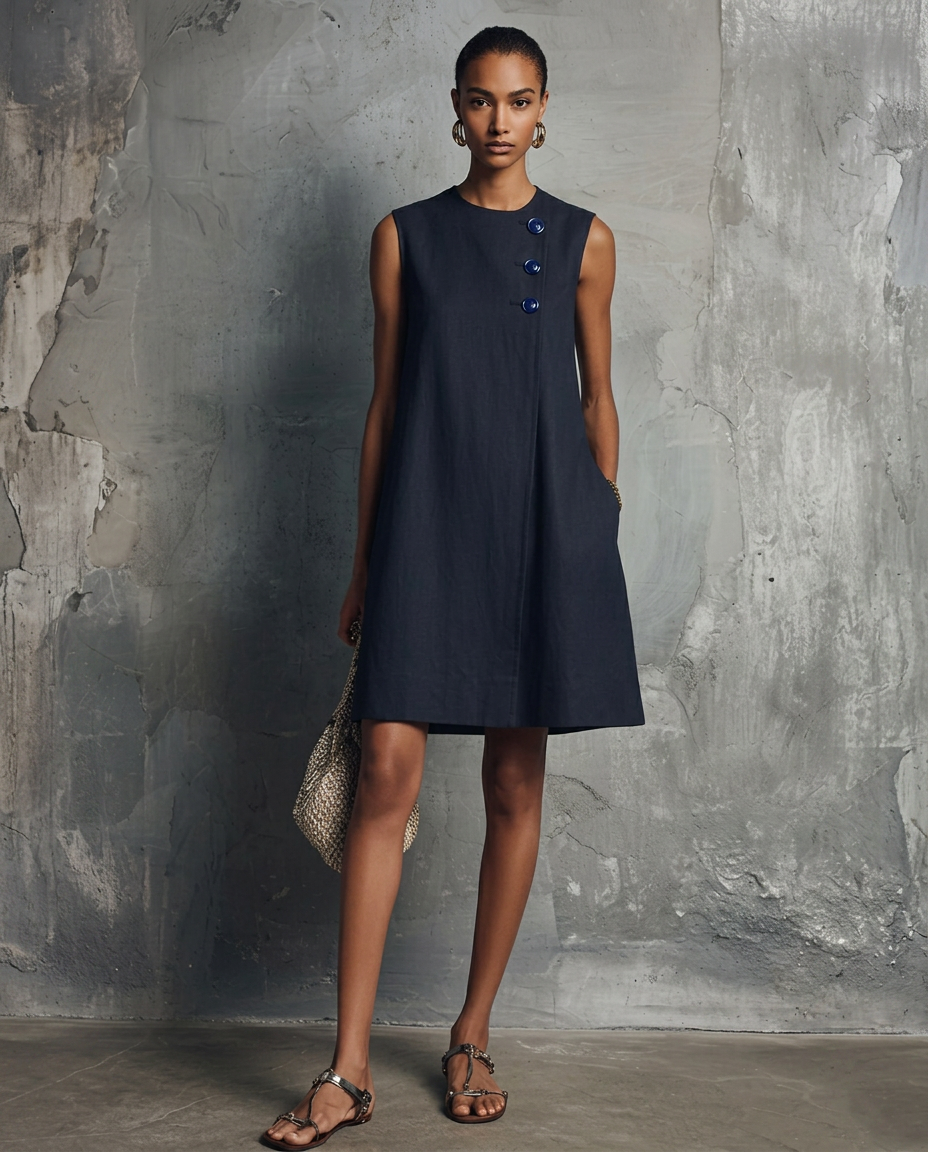 Elaine™ | Round Neck Mini Dress with Asymmetric Buttons