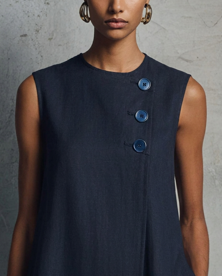 Elaine™ | Round Neck Mini Dress with Asymmetric Buttons